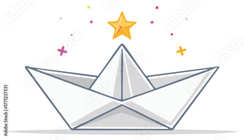 Paper Boat Origami with Star for Success and Hope Illustration, Symbol of dreams and ambition