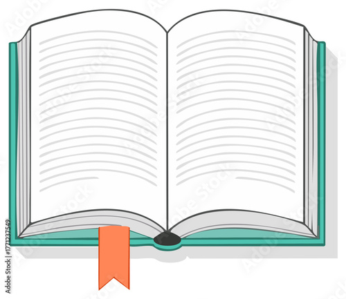 Open book illustration with blank pages and a teal cover, featuring an orange ribbon bookmark for your reading pleasure