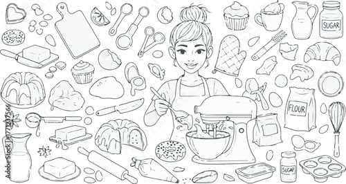 Outline illustration of home baker woman surrounded by baking ingredients, tools, and kitchen utensils collection.