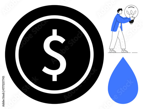 Large dollar sign in a black circle, blue water drop, and a person holding a lightbulb representing ideas, innovation, and sustainability. Ideal for finance, energy, ecology, creativity awareness