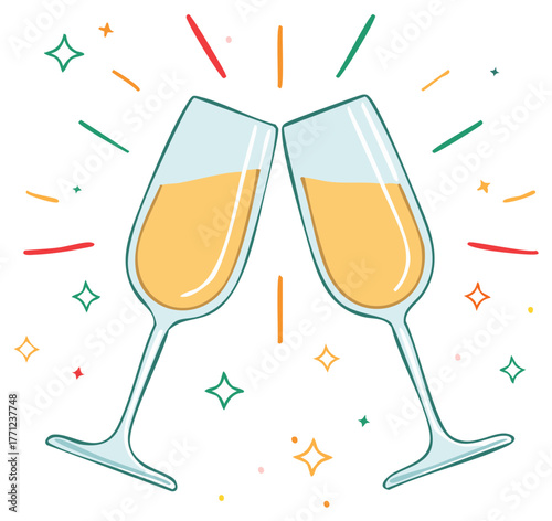 Vector illustration of two champagne flutes toasting with festive sparkles and confetti