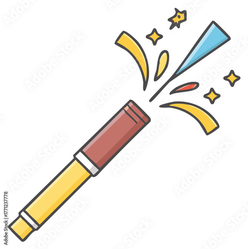 Cartoon Party Popper Bursting Colorful Confetti and Shining Stars Celebration Icon