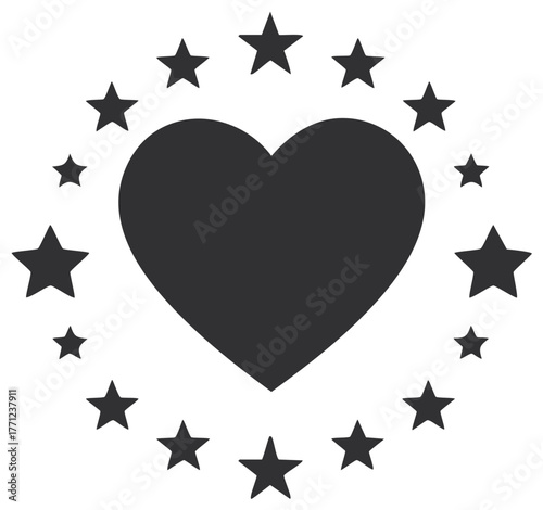 Dark Heart Symbol Surrounded by a Ring of Stars in Various Sizes
