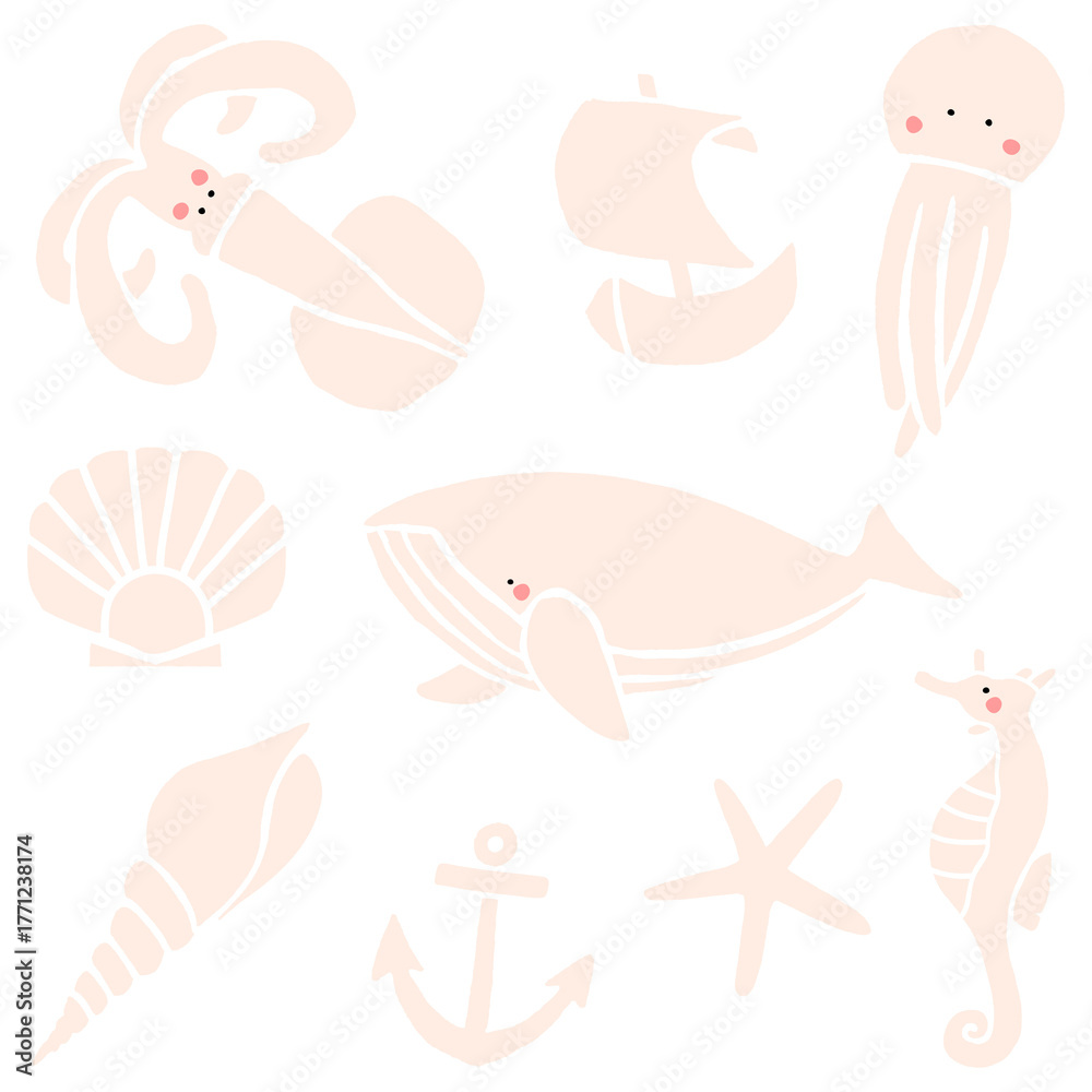 Fototapeta premium Hand drawn underwater animal collection transparent png
