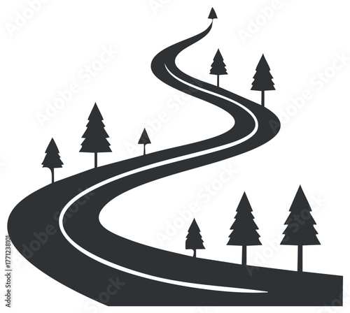 Winding road illustration between trees showing road trip adventure and travel destinations