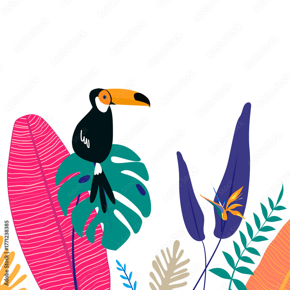 Obraz premium Toucan botanical border png, colorful summer aesthetic tropical background with toucan and flaming, transparent background