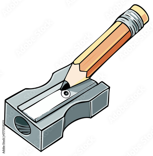 Sharp pencil being sharpened in a manual metal pencil sharpener with wood shavings