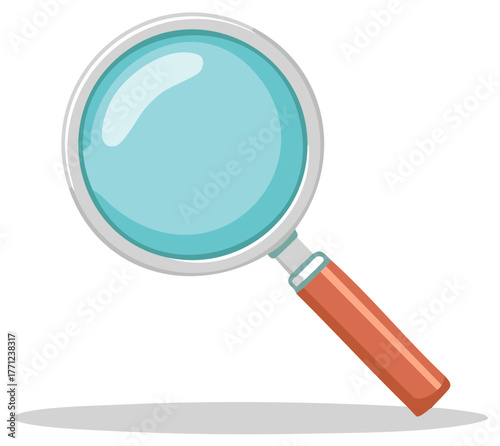 Simple cartoon magnifying glass illustration for search, discovery, and investigation. Flat design vector icon.