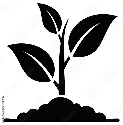 Sprout with leaves in soil silhouette. New growth eco symbol vector illustration