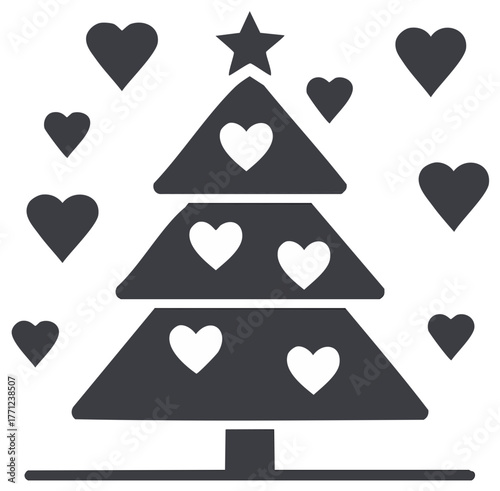 Christmas tree decorated with hearts and a star, surrounded by floating hearts.