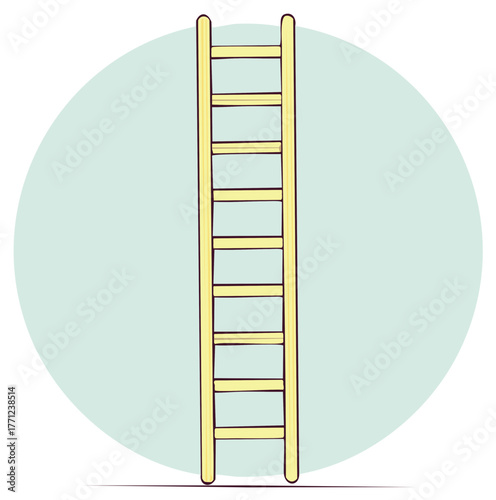 Artistic rendering of a yellow wooden ladder in vertical position, ascending towards opportunities with potential growth and progress depicted