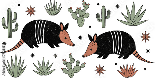 Armadillo desert folk art with cactus silhouettes vintage vector Armadillo Western Graphic Vintage-style vector illustration featuring an armadillo in desert folk art design, surrounded by cactus