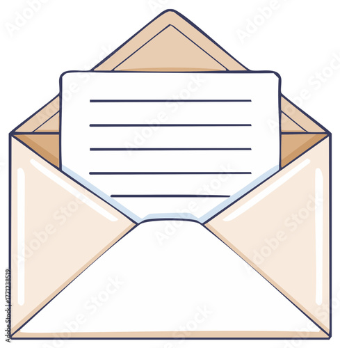 Open mail envelope with a blank lined paper inside ready for a message communication concept