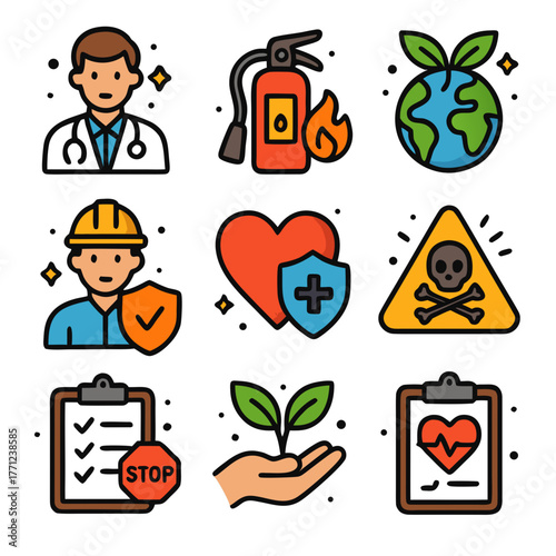 Health safety environment icons symbolizing wellbeing, security, and sustainability. Suitable for presentations, posters, infographics on sustainable practices.