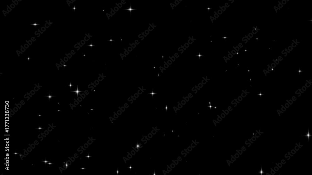 White glowing stars sparkle blinking retro vector dots twinkling starry night sky looping animation doodle glitter trail magic dust shimmer particle on black background
