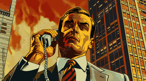 serious businessman using a corded phone, surrounded by tall city buildings under a fiery sky. Generative ai vector colorful isolated illustration on white background.