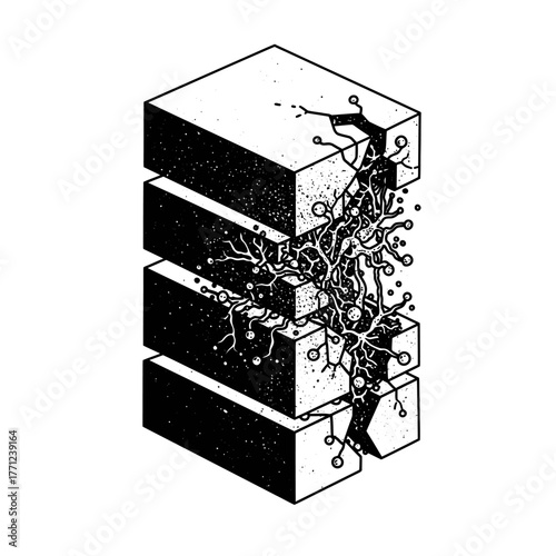 An intricate illustration depicts abstract rectangular layers being disrupted by organic, root-like structures, symbolizing complex data networks and interconnected systems.