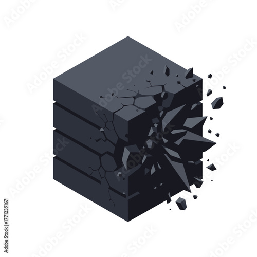 A dark, isometric block dramatically shatters into sharp fragments, symbolizing a critical system failure, data breach, or significant digital disruption.