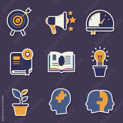 This collection of modern flat design icons illustrates key concepts for business strategy, personal growth, education, and innovative problem-solving.