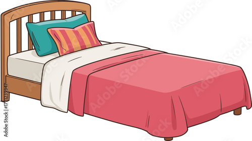 Single bed illustration, cozy bedroom furniture, home interior design, comfort bedding, relaxation space, soft pillows, sleeping decor, household lifestyle, rest concept