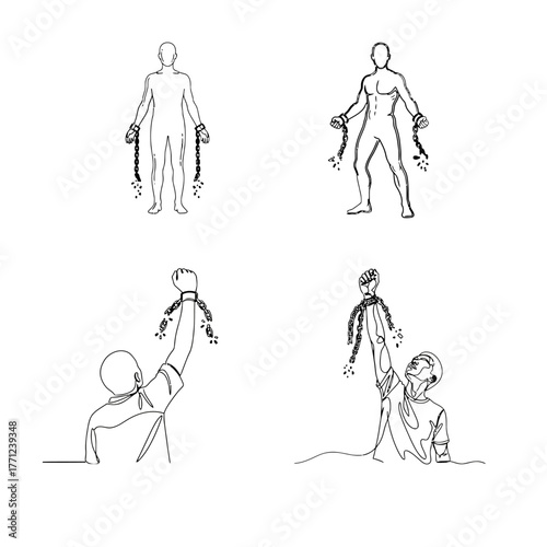 Four set of line art depicting a person breaking free from chains, symbolizing liberation and freedom.