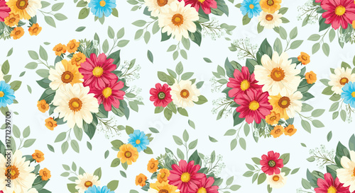Seamless floral pattern with vibrant colorful flowers, green leaves, and delicate blossoms on a light blue background.