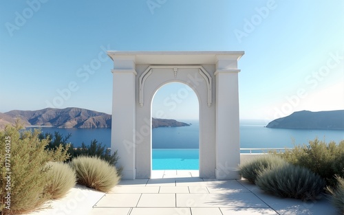 Gate to the sea view & Beach living - Santorini island style / 3D rendering. High quality