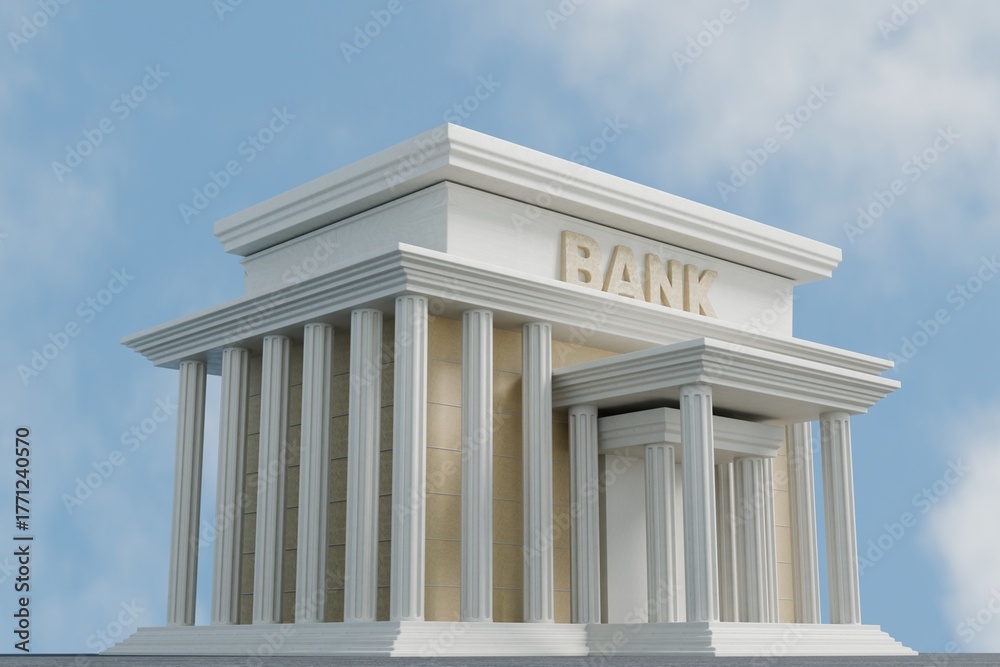 Obraz premium Grand neoclassical bank building with columns under blue sky.