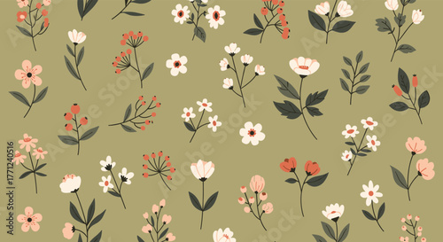 Botanical seamless pattern with various hand-drawn flowers and berries on a soft green background, perfect for textiles or wallpaper.