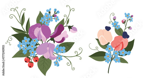 Stylized illustration of sweet pea and forget-me-not bouquets, adorned with berries and tendrils, presented in vibrant spring and summer colors on white.
