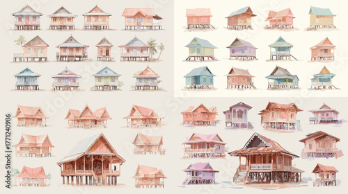 Watercolor illustrations of traditional stilt houses from Southeast Asia. Elevated wooden village homes surrounded by tropical scenery and cultural design elements.