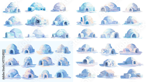 Watercolor collection of igloos and Arctic snow shelters. Traditional Eskimo winter architecture illustrations showing frozen landscapes and northern cultural heritage.