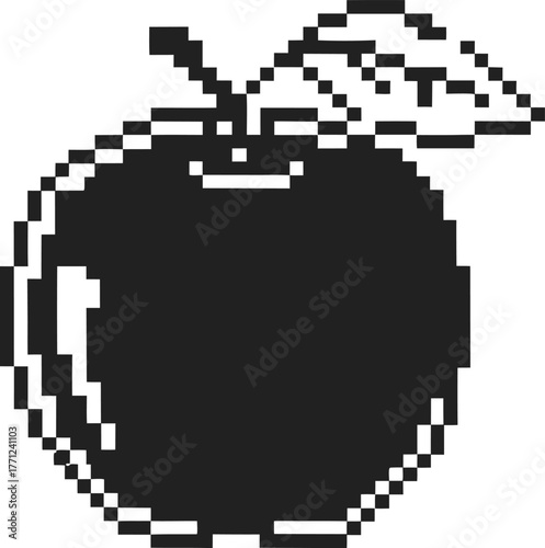 Pixel art apple illustration retro black and white fruit icon, digital minimal design, vintage 8 bit graphic