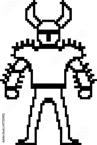 Pixel art armored warrior with helmet and horns retro 8 bit video game knight in battle stance, black and white outline