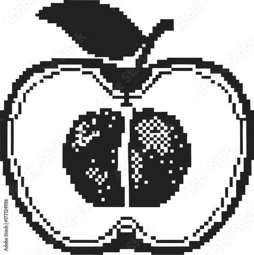 Pixel art apple with visible pit retro black and white design, vintage fruit cut in half, digital illustration