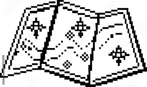 Pixel art treasure map icon with dotted path and marked locations, adventure quest, navigation guide, retro gaming