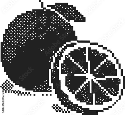 Pixel art orange fruit with half slice, retro 8 bit style, isolated illustration for vintage digital design themes