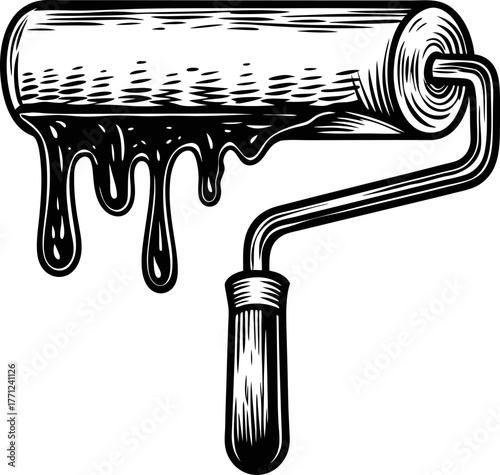 Paint roller dripping with liquid hand tool for wall painting, diy renovation, home improvement, black and white illustration