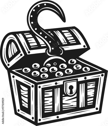 Wooden treasure chest overflowing with coins, pirate hook above, vintage engraving style, adventure and wealth symbol