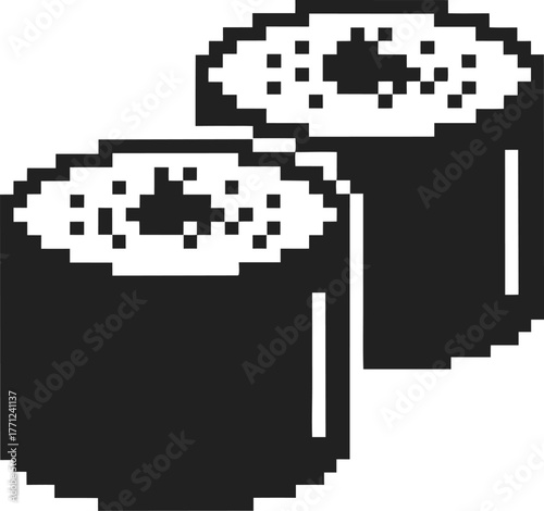 Pixel art sushi rolls, minimal monochrome japanese food icon retro 8 bit digital style, simple black and white seaweed maki
