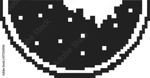 Retro pixel art watermelon slice minimalist black and white fruit illustration, digital mosaic summer food design