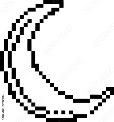 Pixel art crescent moon icon, black and white, digital retro night symbol, minimalist lunar design, vintage 8 bit illustration