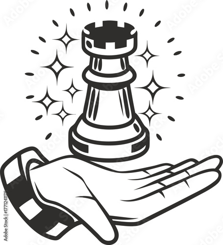 Strategic planning concept with chess rook icon above open hand, leadership, decision making, creative solutions symbol