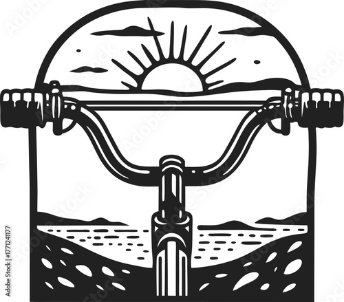 Bicycle handlebars with scenic sunset view outdoor adventure, off road cycling, mountain landscape, nature exploration, journey