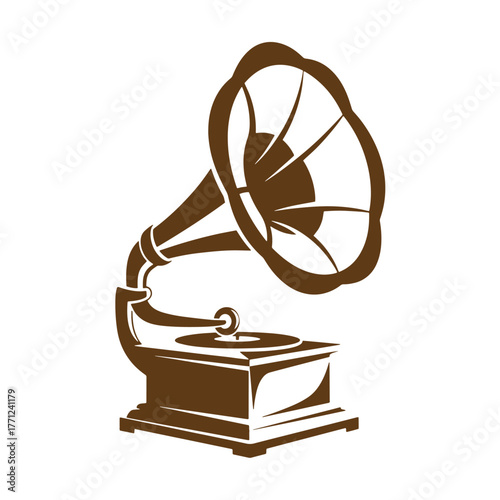 Elegant brown silhouette of a classic vintage art gramophone against a white background