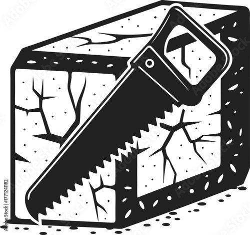 Hand saw cutting cracked concrete block destruction, demolition, construction, rough texture, building tool, heavy damage