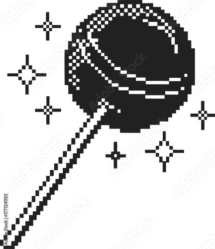 Pixel art black lollipop with sparkles retro candy illustration, minimal sweet treat design, vintage nostalgic dessert icon