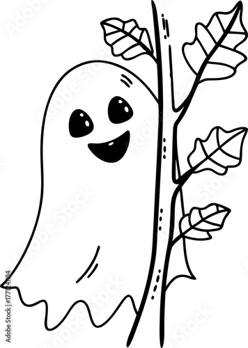 Happy ghost peeking from behind leafy tree branch cute halloween character, playful spooky spirit for seasonal autumn fun