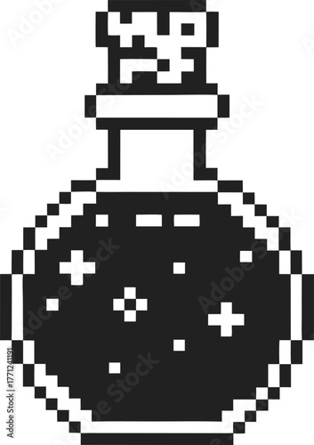 Pixel art magic potion bottle with sparkling liquid inside retro fantasy alchemy icon, game asset isolated on white