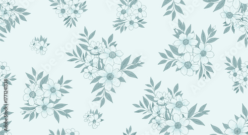 Elegant seamless pattern of hand-drawn light blue flowers and muted green leaves, creating a tranquil botanical background.